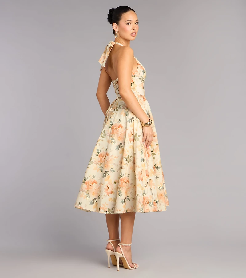 Windsor Set For Spring Halter Corset Floral Midi Dress | Arden Fair