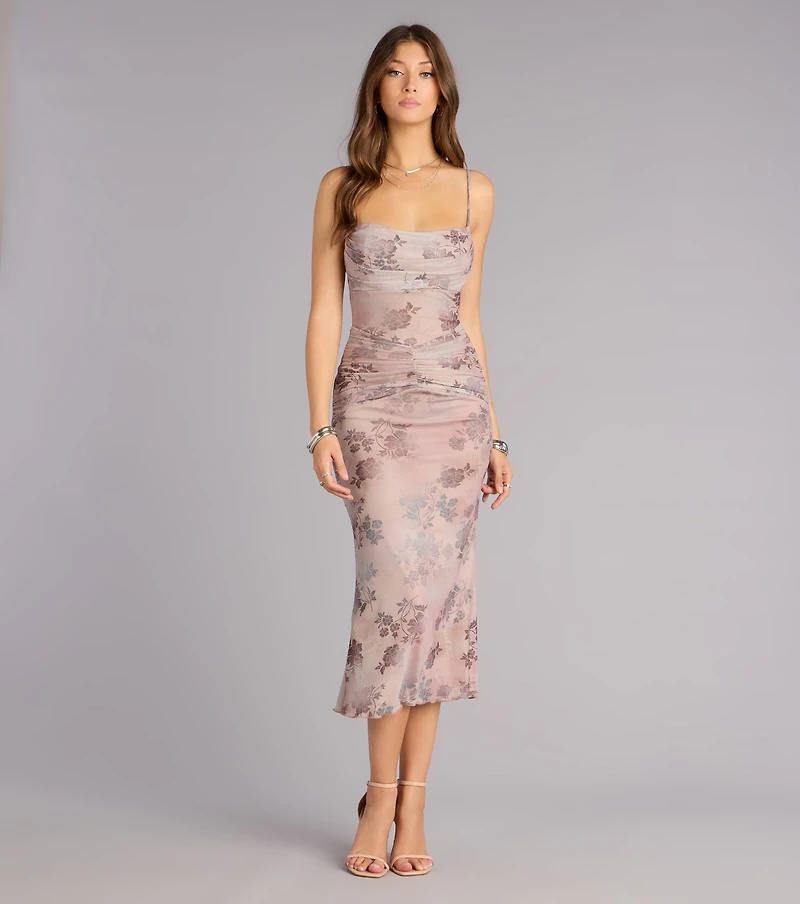 Sweetly Sculpted Floral Mesh Midi Dress
