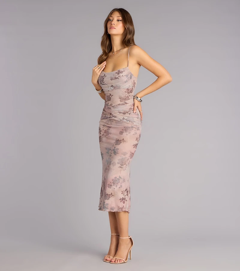 Sweetly Sculpted Floral Mesh Midi Dress