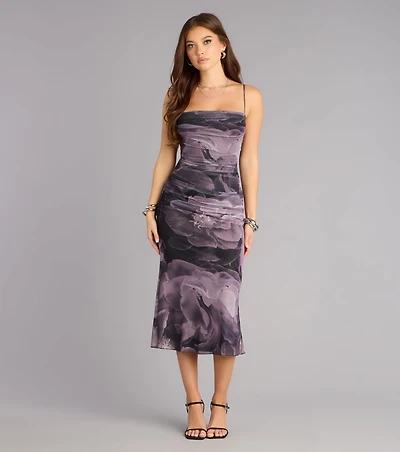 Soft Spoken Drama Floral Mesh Midi Dress