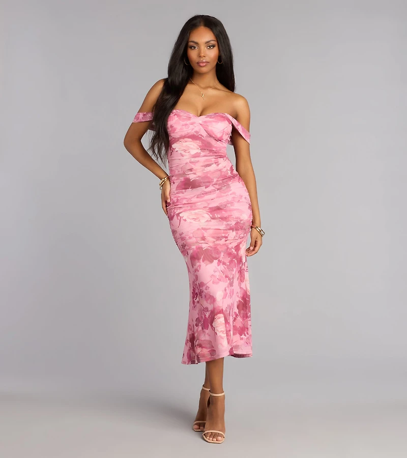 Flirty Agenda Floral Mesh Off-The-Shoulder Midi Dress