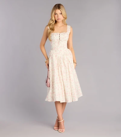 Garden Party Plans Floral Lace-Up Midi Dress