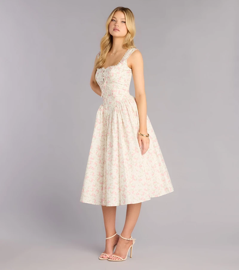 Garden Party Plans Floral Lace-Up Midi Dress