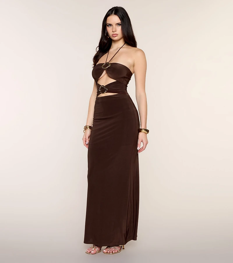 Sleek Hardware Cutout Halter Maxi Dress