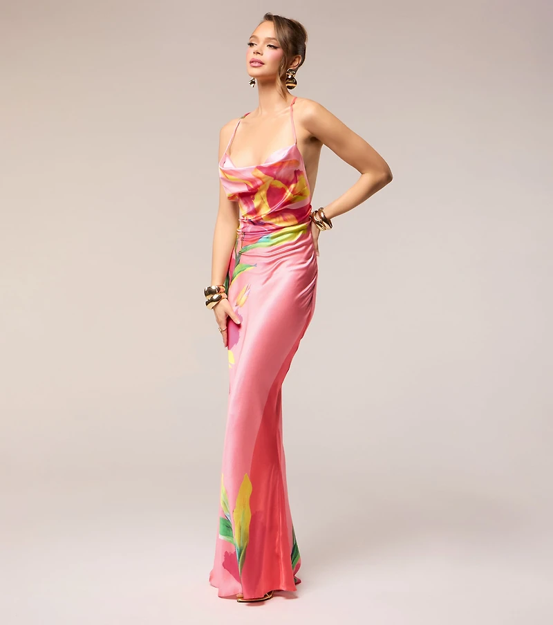 Vacation Glow Floral Satin Maxi Dress
