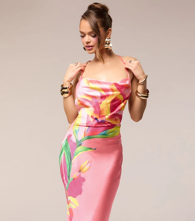 Vacation Glow Floral Satin Maxi Dress