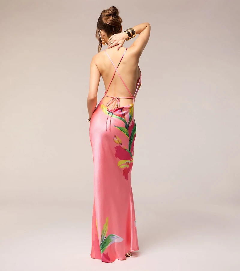 Vacation Glow Floral Satin Maxi Dress