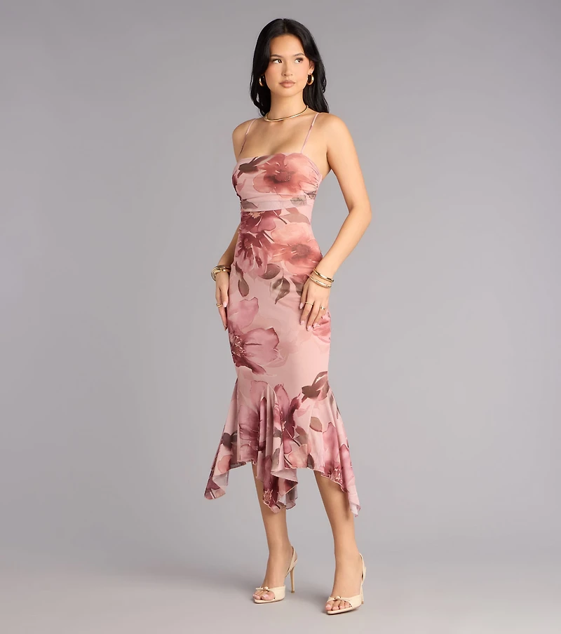 Sweet Flirt Floral Mesh Ruffle Midi Dress