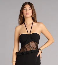 Save the Date Lace Halter Ruffle Maxi Dress