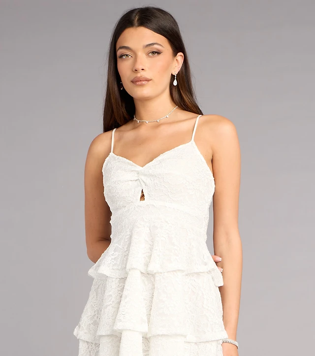 ruffled lace mini dress Ella Navy Lace Mini Dress by Cotton Candy LA - Sweetheart Neckline & Ruffled Straps main image 0