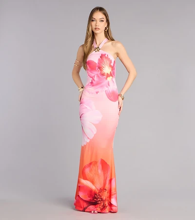 Bloom Agenda Floral Mesh Halter Maxi Dress