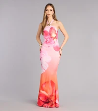 Bloom Agenda Floral Mesh Halter Maxi Dress