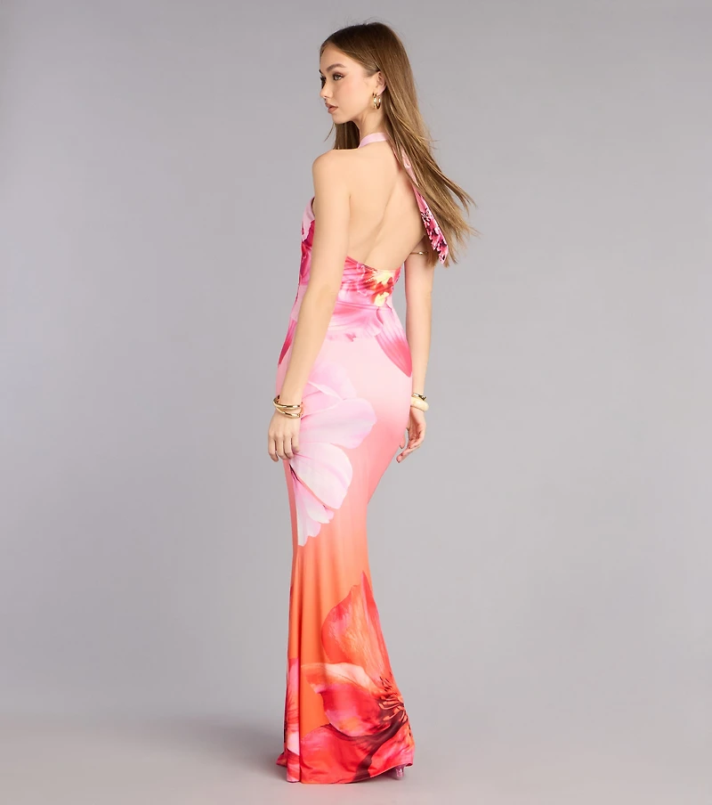 Bloom Agenda Floral Mesh Halter Maxi Dress