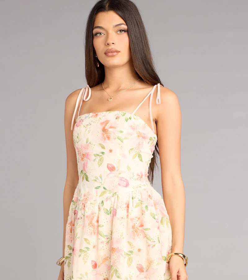 Sunlit Stroll Floral Woven Eyelet Skater Dress