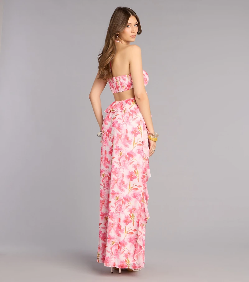 Double Take Floral Chiffon Ruffle Maxi Dress