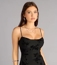 Velvet Bloom Cowl Mini Dress