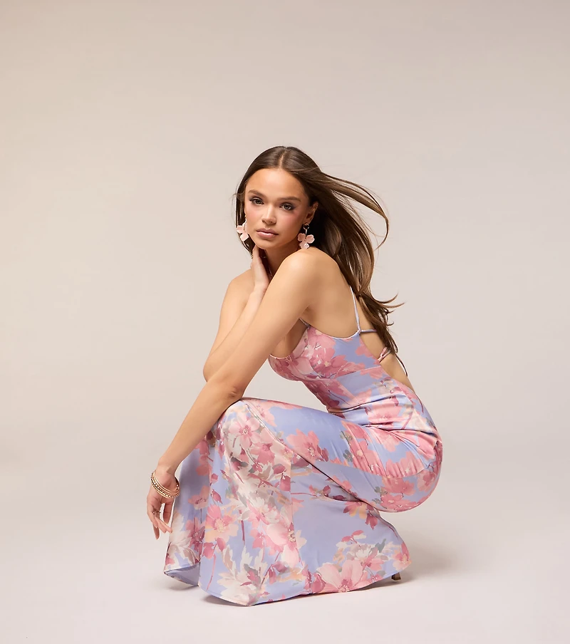 Blossom Blur Satin Floral Maxi Dress
