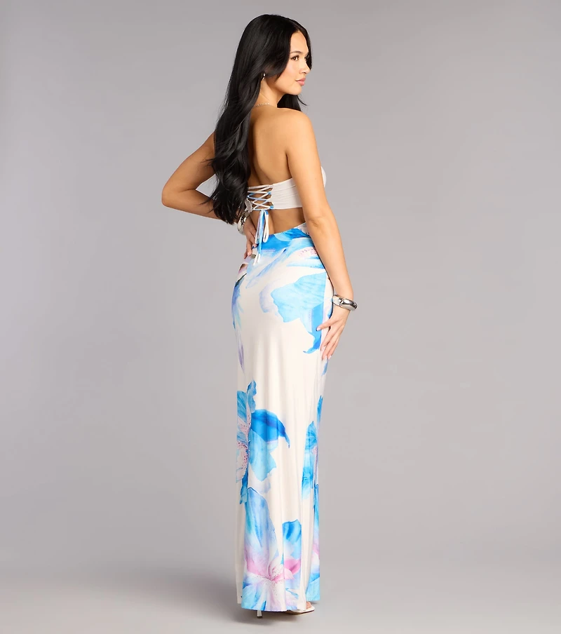 Soft Focus Muse Floral Lace-Up Maxi Tube Dress