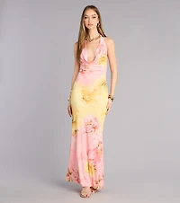 Sunset Garden Floral Cowl Neck Maxi Dress