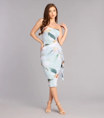 Flirty Invite Floral Strapless Midi Dress