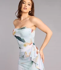 Flirty Invite Floral Strapless Midi Dress