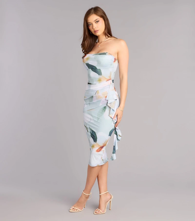 Flirty Invite Floral Strapless Midi Dress