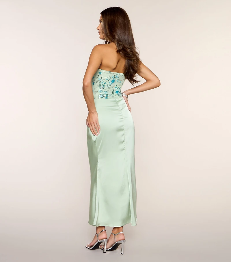 Satin Glow Strapless Beaded Midi Dress