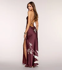 RSVP Season Floral Satin Lace-Up Maxi Dress