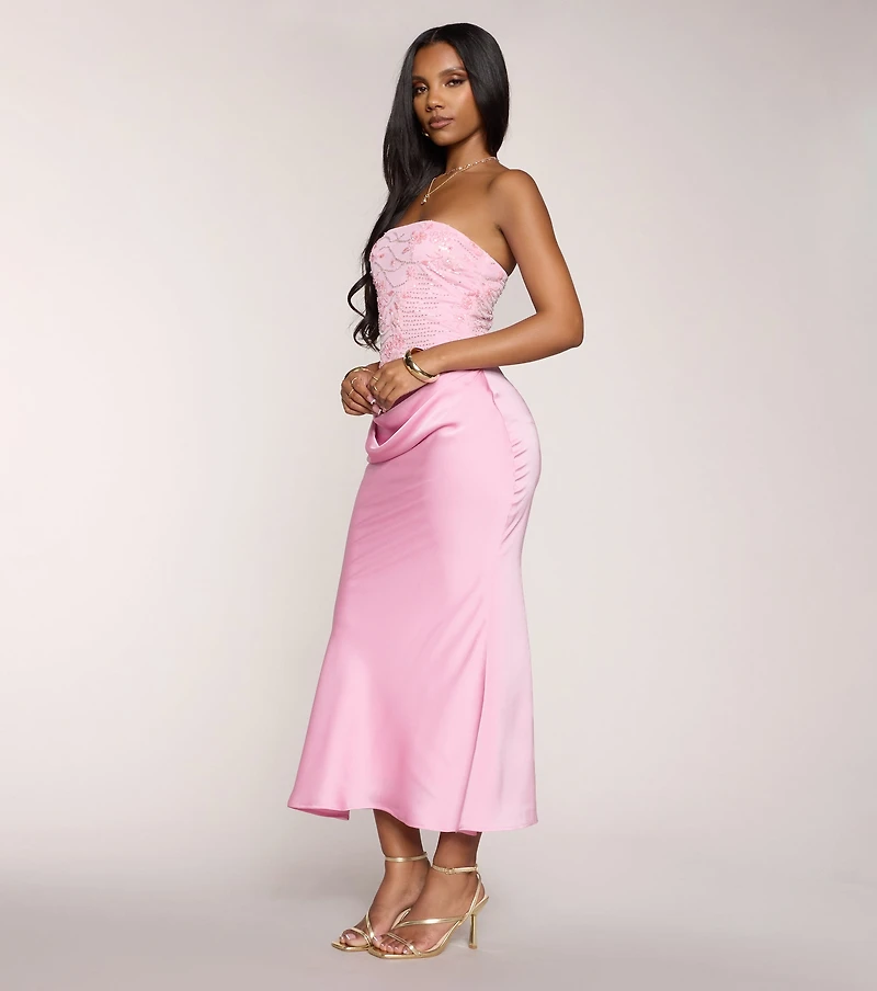 Satin Glow Strapless Beaded Midi Dress