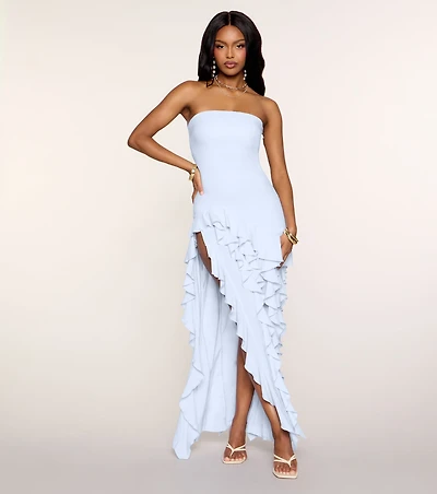 Flirty Moves Ruffle Slit Midi Tube Dress