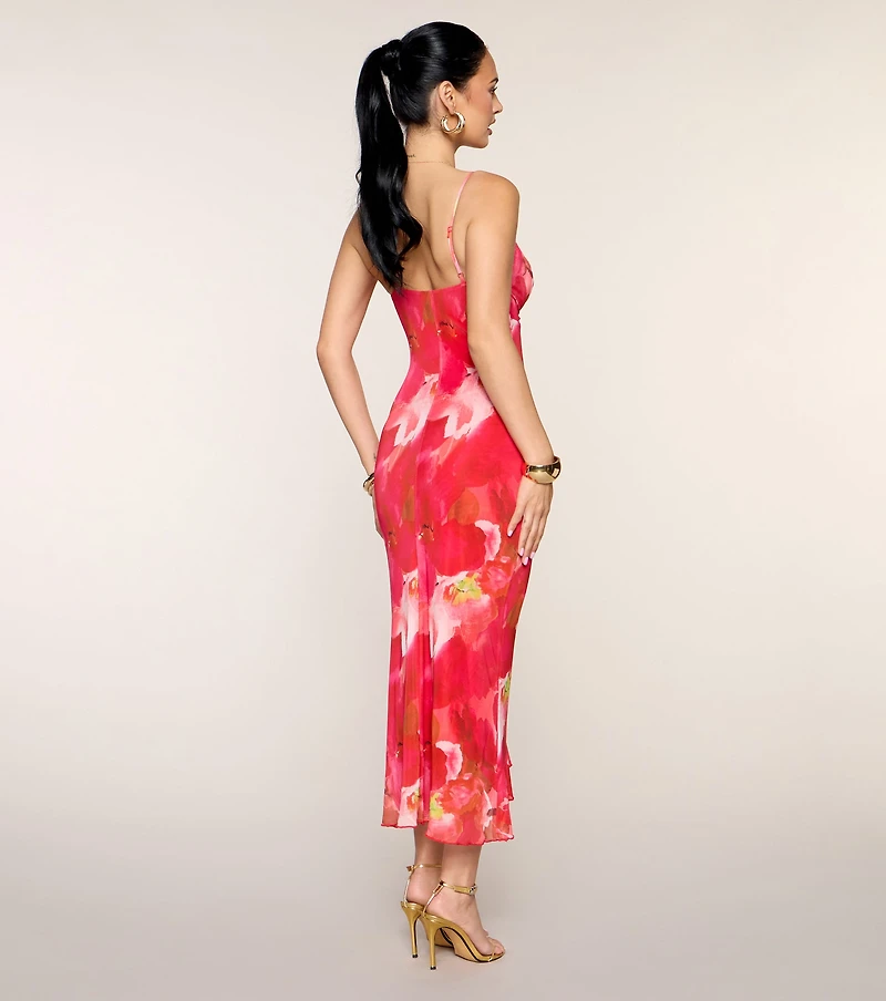Flirtatious Floral Mesh Ruffle Slit Midi Dress