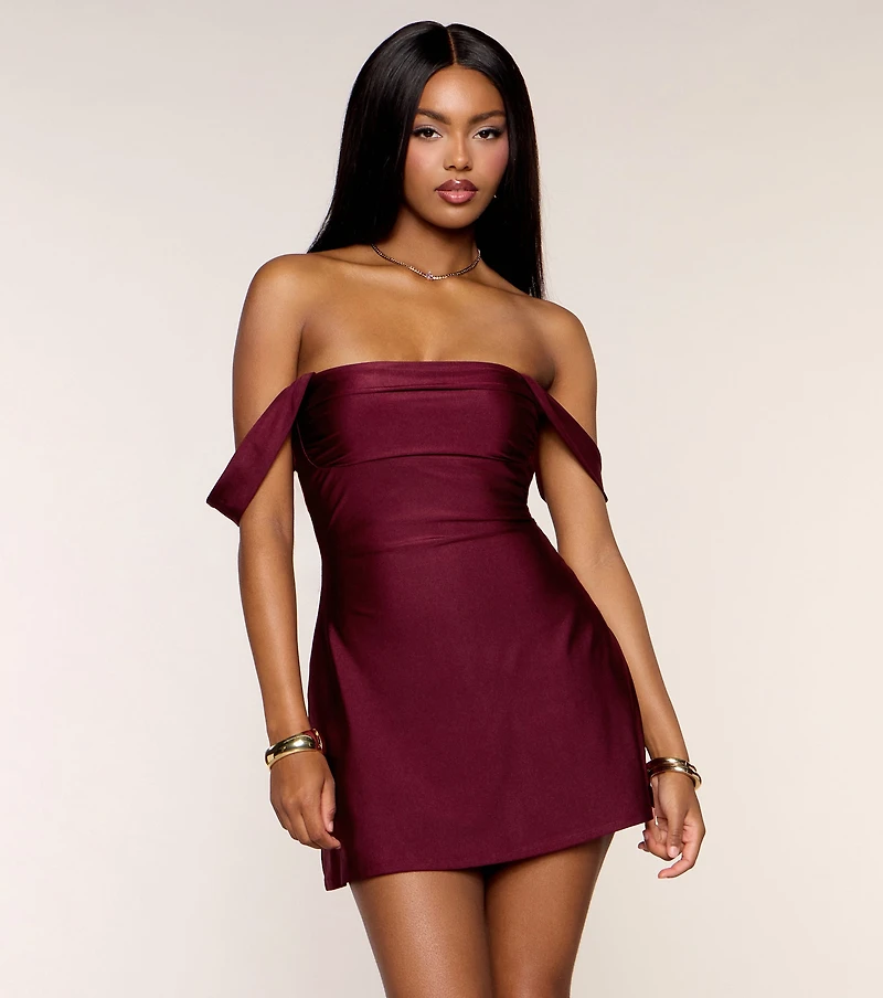 Classics Lover Off-The-Shoulder Satin A-Line Mini Dress