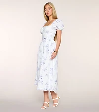 Day Date Floral Print Puff Sleeve Midi Dress