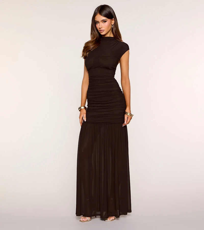 Polished Ease Cap Sleeve Mesh Maxi Dress