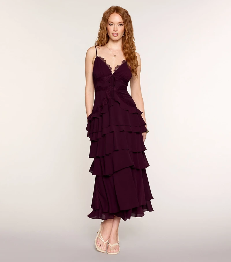 Ruffle Romance Lace-Trim Chiffon Maxi Dress