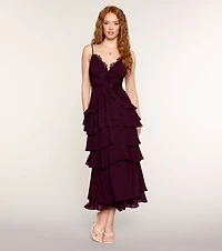 Ruffle Romance Lace-Trim Chiffon Maxi Dress