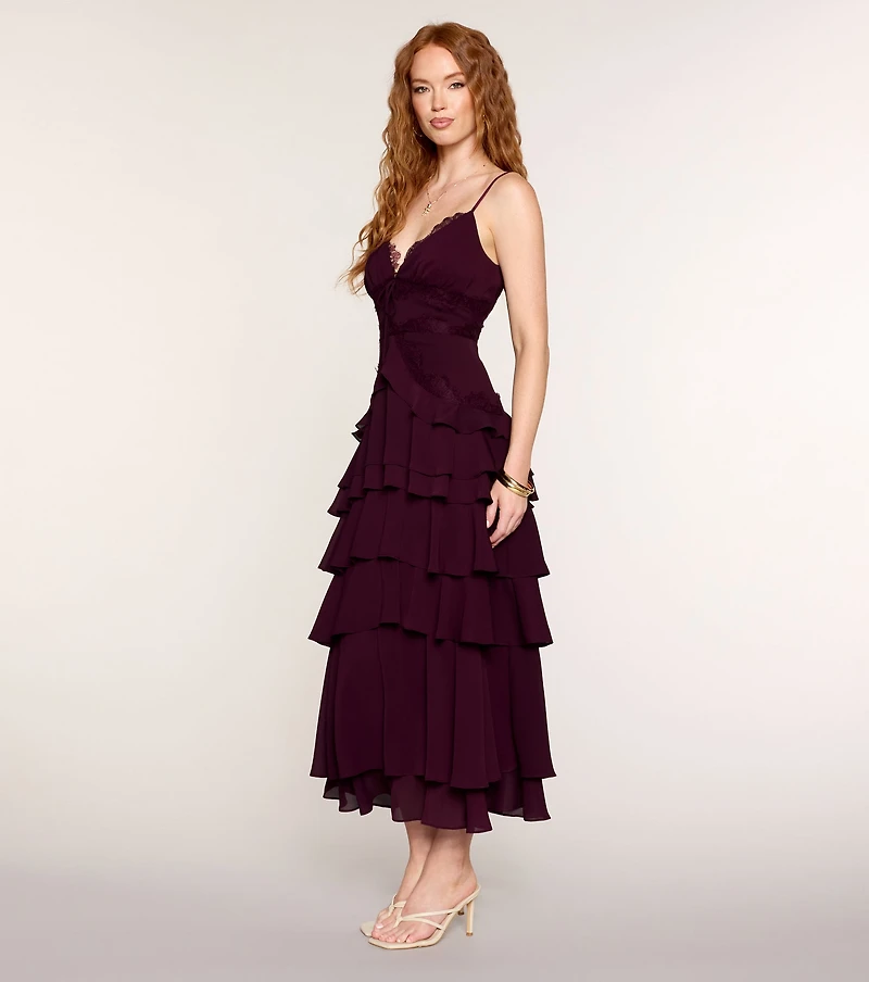 Ruffle Romance Lace-Trim Chiffon Maxi Dress