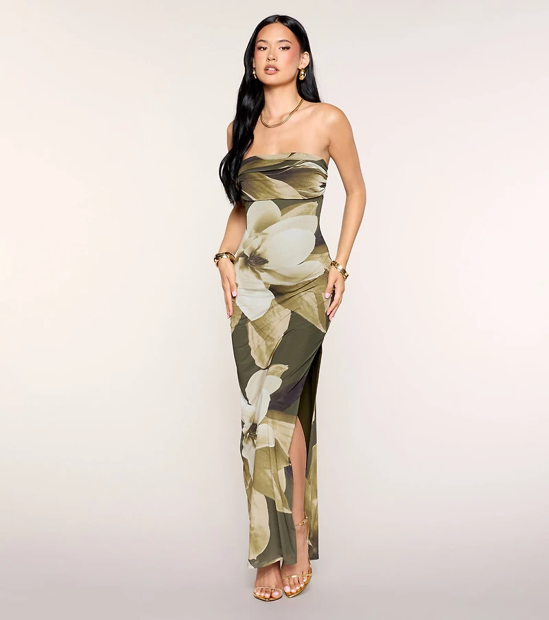 Lush Floral Print Strapless Maxi Dress