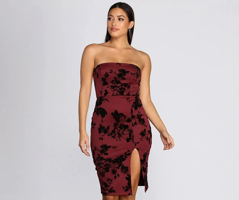 Budding Romance Flocked Tube Midi Dress