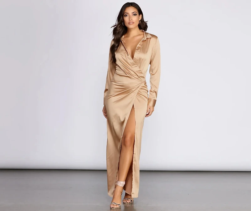 Sleek Satin Wrap Front Dress
