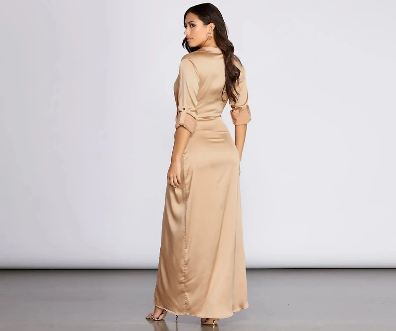 Sleek Satin Wrap Front Dress