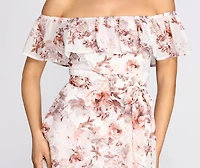 Playful Petals Floral Chiffon Off Shoulder Mini Dress