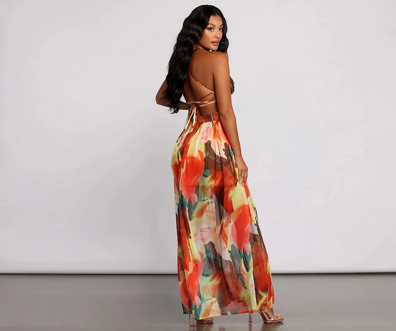Brighter Vibes Lace-Up Chiffon Maxi Dress