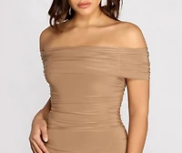 Off Shoulder Ruched Midi Dress