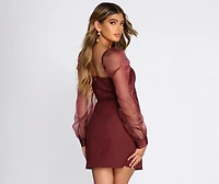 Sheer Organza Puff Sleeve Square Neck Mini Dress
