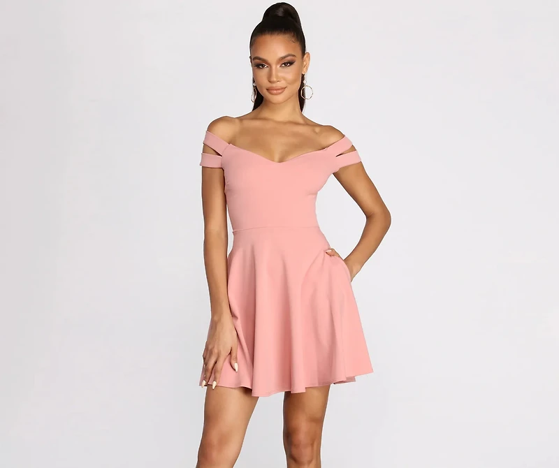 Give It A Spin Off Shoulder Pleated Skater Dress