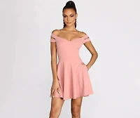 Give It A Spin Off Shoulder Pleated Skater Dress