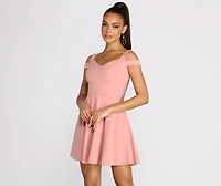 Give It A Spin Off Shoulder Pleated Skater Dress