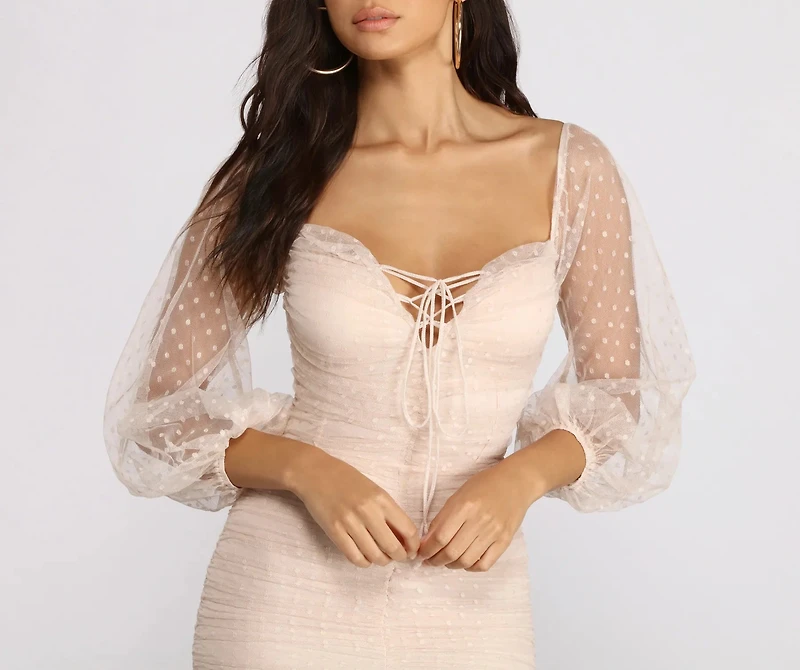 Off The Shoulder Ruched Dotted Mini Dress