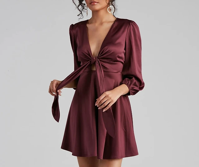 timeless burgundy satin wrap dress with waist tie detail Burgundy Wrap Satin Dress With Flutter Sleeves – Désir Couture main image 1